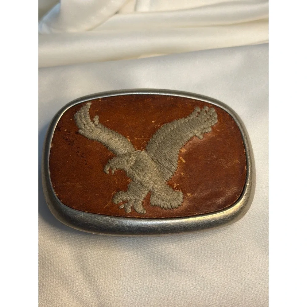 Vintage American Eagle Buckles Embroidered Leather Inlay Western Belt Buckle